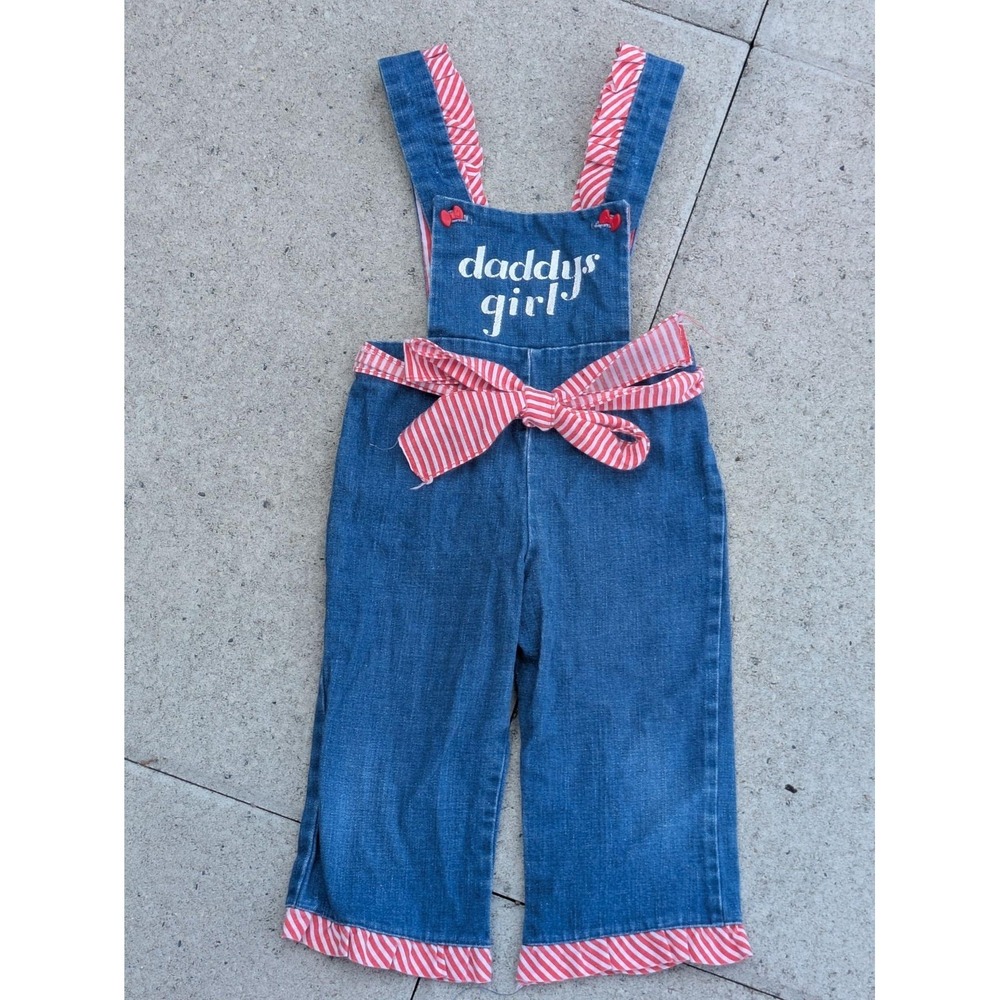 VTG New Moon Kids Overalls Girls 18 Months Blue Denim Daddys Girl Baby 80s Rare